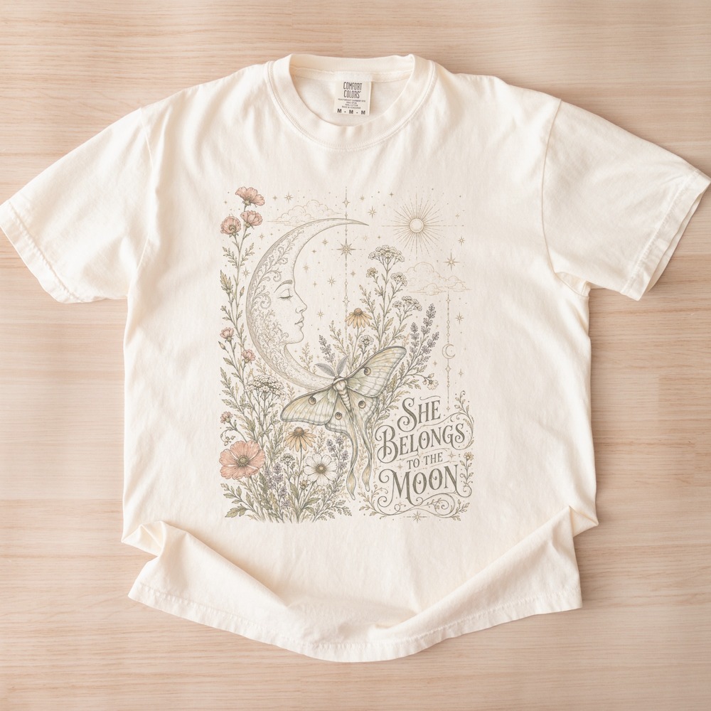 She Belongs to the Moon Sleeping Crescent and Moth Tee